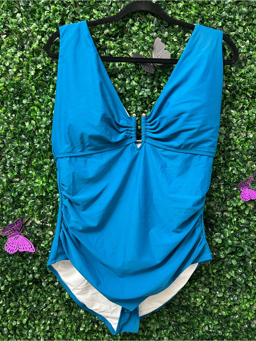 B2PRITY Blue One Piece Swimsuit Ruched Deep V Neck Bathing Suit NWT